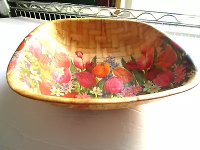 Vintage Woven Serving Bowl  Pressed Bamboo Tulip Flowers 10  • $10