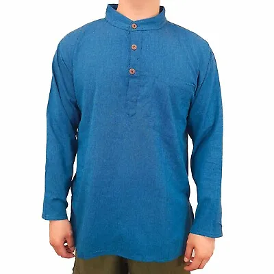 Mens Blue Kurta Long Sleeve Shirt Indian Clothing Nepal Plain Ethnic Hippie Boho • $35.95