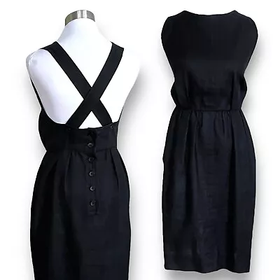 Yves Saint Laurent YSL Variation Vintage 80s Womens Dress Sz 40 US 8 Black Linen • $368