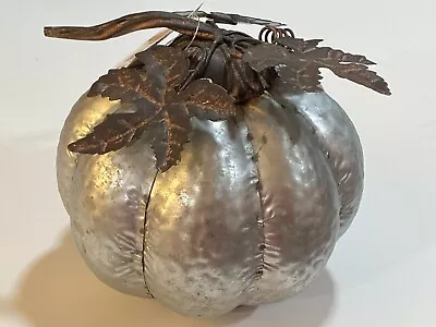 Hammered Silver Metal 6  Pumpkin With Leaves Fall Thanksgiving Holiday Free Ship • $14.95