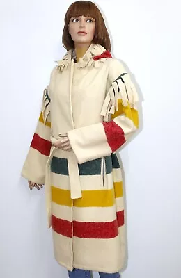 Vintage WOOLRICH Hudson Bay Stripe Capote Fringe Blanket Coat Pointy Hood Size L • $480