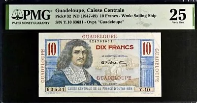 Guadeloupe 10 Francs 1947 PMG 25 VF Fancy SN GuFA • $99.99