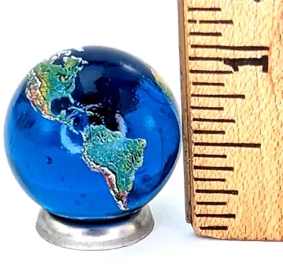 Blue Glass Marble Earth Globe Metal Stand Doll Size .875-inch Planet 22 Mm • $8.99