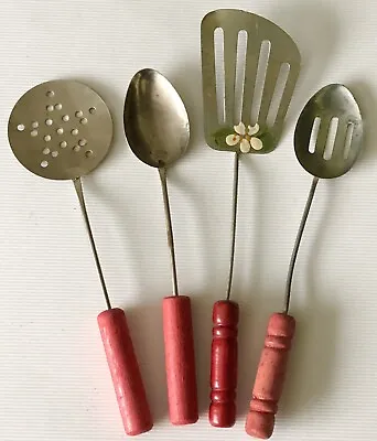 Vintage Antique Children Child's Red Wood Handle Kitchen Cooking Utensils Set /4 • $24.95