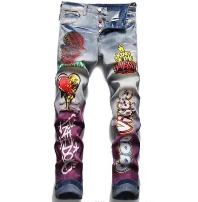 Mens Printed Blue Ripped Straight Leg Punk Hip Hop Denim Jeans Pants Trousers • $42.59