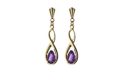 9ct Yellow Gold February Birthstone Amethyst Figure Of 8 Drop Earrings / Giftbox • £24.90