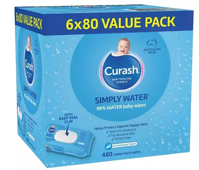Curash Simply Water Baby Wipes Pack Of 480 (6 X 80 Pack) (FREE SHIPPING) • $27.99