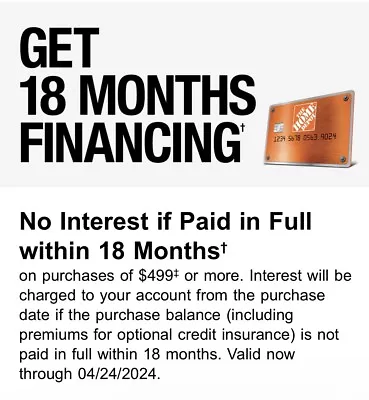 Home Depot Coupon - 18 Months Financing W/HD Card In Store & Online Exp 4/24 • $5.99