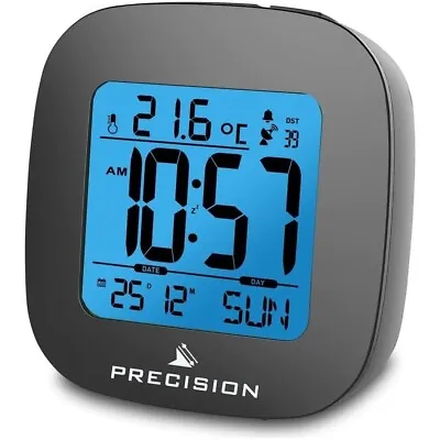 Precision AP054 Radio Controlled LCD Backlit Temperature Alarm Clock BLACK • £12.49