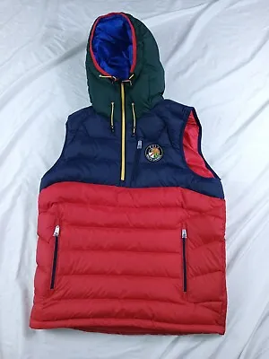 Polo Ralph Laure Mens Navy Red Downhill Skier Hooded Down Vest Jacket Size Small • $110.50