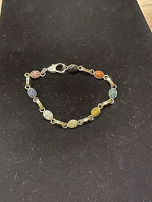 VINTAGE Carved SCARAB Faux Multi Gemstone LINK BRACELET Gold Filled • $24.99