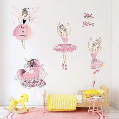 Pink Dancing Princess Wall Stickers Unicorn Nursery Kids Girls Room Wall Decals • £6.89