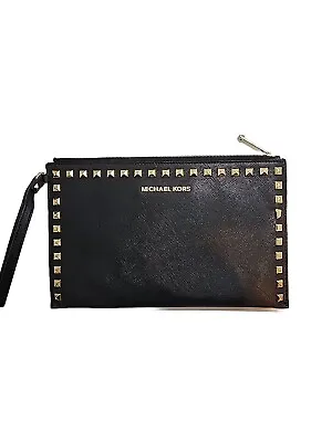 Michael Kors Black Saffiano Leather Gold Studded To Zip Clutch • $35