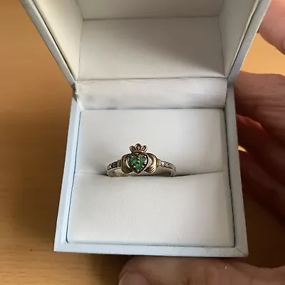 Vintage 925 Silver / Gold Overlay Emerald & Diamond Claddagh Ring  Size U /  BGE • $49.72