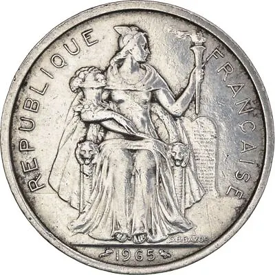 French Polynesia 5 Francs Coin | Liberty Sitting | Throne | Sailboat | 1965 • $3.78