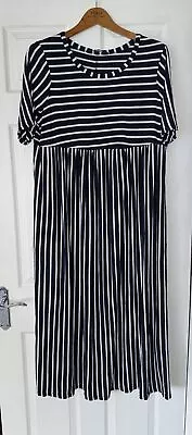 Yours Curve Navy White Striped Comfy Jersey Empire Maxi Dress Size 16 Immaculate • £9