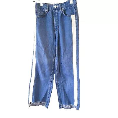 Zara Trf Blue Denim Jeans With White Side Stripe And Freyed Distressed Hem S 6-8 • £8.99