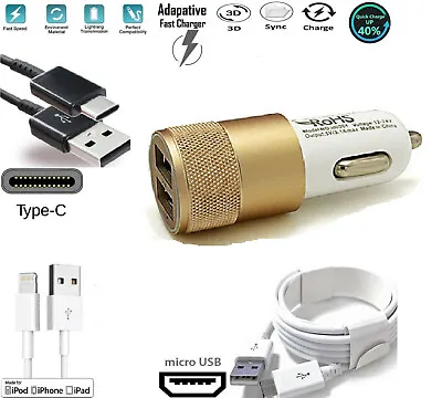2 Port Car Charger LED USB Alloy Gold 2.1A / 1M IPhone Type C & Micro USB Cable • £2.99