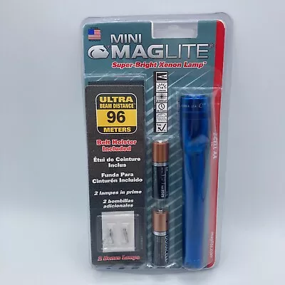 Mini MagLite Blue Xenon Flashlight 2 Cell AA Duracell Combo Belt Holster New • $19.79