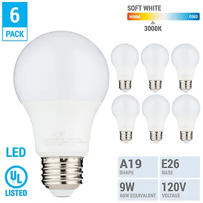6 Pack LED A19 Bulb 9W 60W Equivalent Non Dimmable 3000K Soft White Medium E26 • $11.25