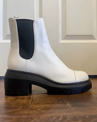 NWOB Stuart Weitzman Norah Chelsea Boots White Leather Lug Sole Size 9C • $159.50