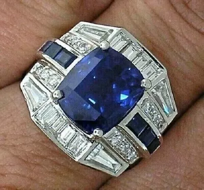 Men's Band Ring 4 Ct Cushion Cut Simulated Blue Sapphire 14K White Gold Plated • $111.80