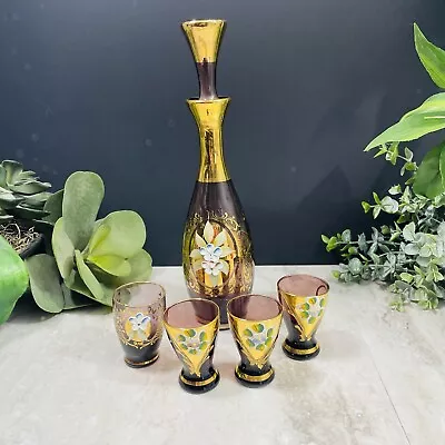 Vintage Bohemian Czech Glass With Gold Gilt Hand Painted Decanter Set Of 4 Cups • $45.99