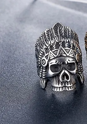 Men Unique Vintage Tribal Indian Chief Skull Silver Stainless Steel Ring 8-12 • $12.65