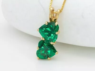 2-Heart Pendant 2Ct Heart Cut Lab Created Green Emerald 14K Yellow Gold Plated • $97.49