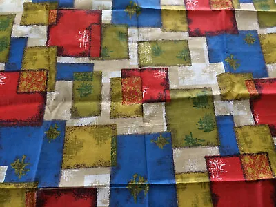 VTG MCM Geometric Fabric Mid Century Blue Red Olive Cotton-Linen? 40  X 69  • $14.95