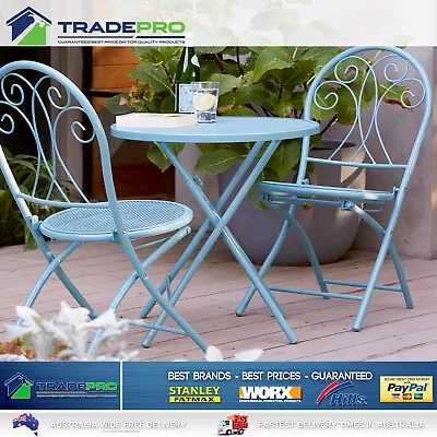 $239 • Buy Outdoor Setting 3pc Table Chairs Cafe Patio Garden Set Foldable Steel Seat Blue