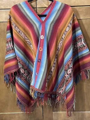 Vintage Poncho Southwest Native Boho W/Fringe Unbranded Wool Blend Gorgeous! • $39