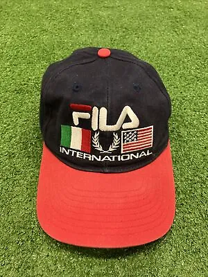 Vintage FILA International Red Navy Hat Strap Back USA Italy Flags Cap • $20