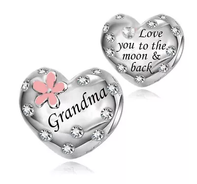 Grandma Pink Flower Charm I Love You To The Moon 💜 Genuine 925 Sterling Silver • £17.89