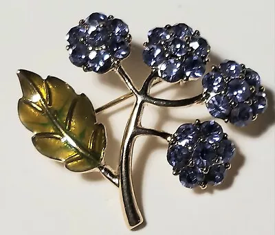 Vintage Sm Monet Sparkly Purple Rhinestone Flower Brooch Pin Signed Enamel Leaf • $14.95