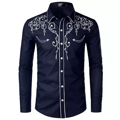 Mens Western Cowboy Shirt Long Casual Buttons Down Shirt Sleeve Retro Embroidery • £12.53