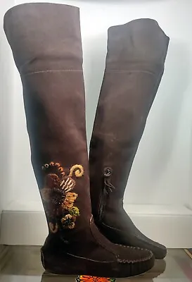 Miu Miu Prada Floral Brown Suede Over The Knee Moccasin Boots EU 40 Italy 😍 💓 • $200