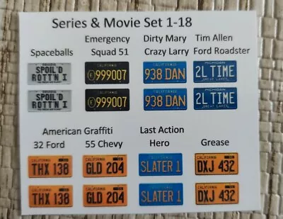 Movie & Series 1:18 Scale Water Slide License Plate Decals White Backing #4 • $8.50