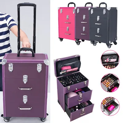 Rolling Makeup Case Professional Cosmetic Train Case Beauty Trolley 3 In 1 Box • £59.95