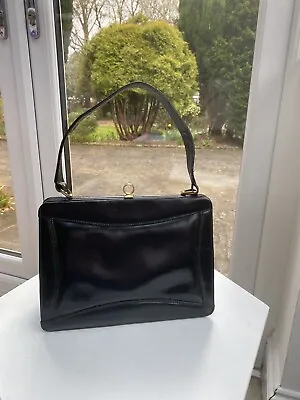 Russell & Bromley 80's Vintage Handbag Kelly Bag Leather Black  Rigid Body MINT • £70