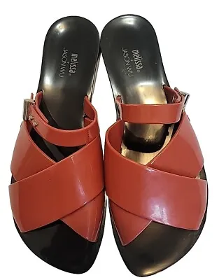 Melissa + Jason Wu Cinnamon Black Slip On Buckle Flat Criss Cross Sandals Size 8 • $30