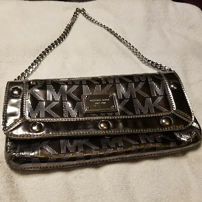 MICHAEL KORS Delancy Metallic Nickel  MK Logo Chain Strap Clutch Hand Bag  • $110