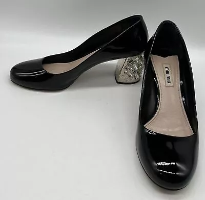 Miu Miu Black Patent Leather Crystal Embellished Heel Closed Toe Pumps Sz 38 • $340