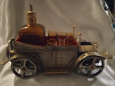 VINTAGE METAL CAR W/AMBER GLASS LIQUEUR DECANTER & 5 SHOTGLASSES MUSICAL • $249.99