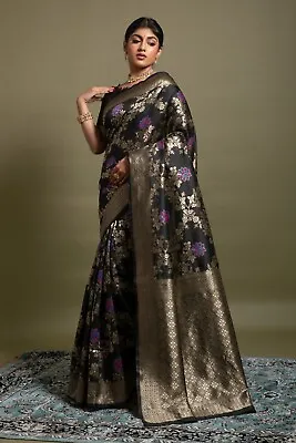 $38 • Buy Women's Designer Black Silk Saree Ethnic Design Party Wedding Wear Woven Sari