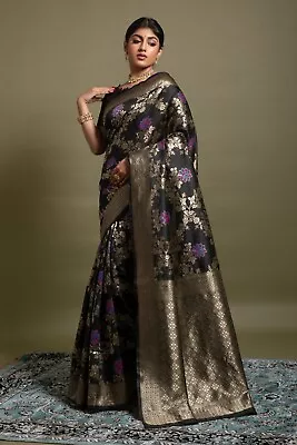 $38 • Buy Women's Designer Black Silk Saree Ethnic Design Party Wedding Wear Woven Sari