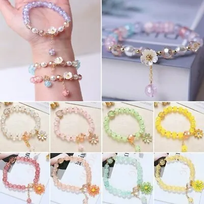 Women Daisy Sunflower Crystal Beads Pendant Bracelet Charm Wedding Fashion Gift • £2.80
