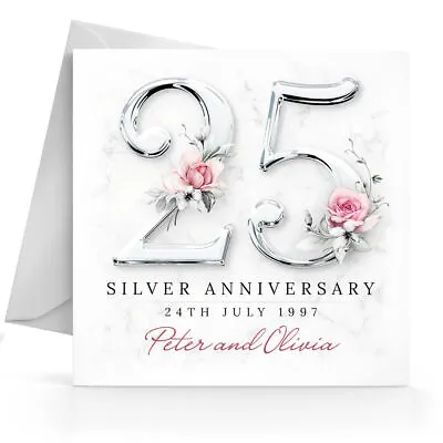Personalised 25th Silver Wedding Anniversary Card With Printed Number & Flowers • £2.95