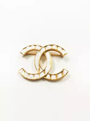 Chanel 2023 White Stripe Gold Tone Brooch Cruise Collection Authentic Runway • $390