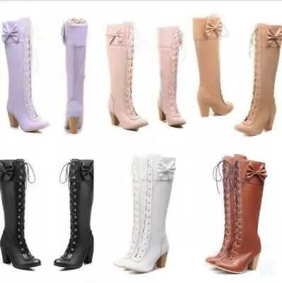 Womens Lace Up Lolita Bowknot Shoes Chunky Heels Knee High Boots  • $43.01